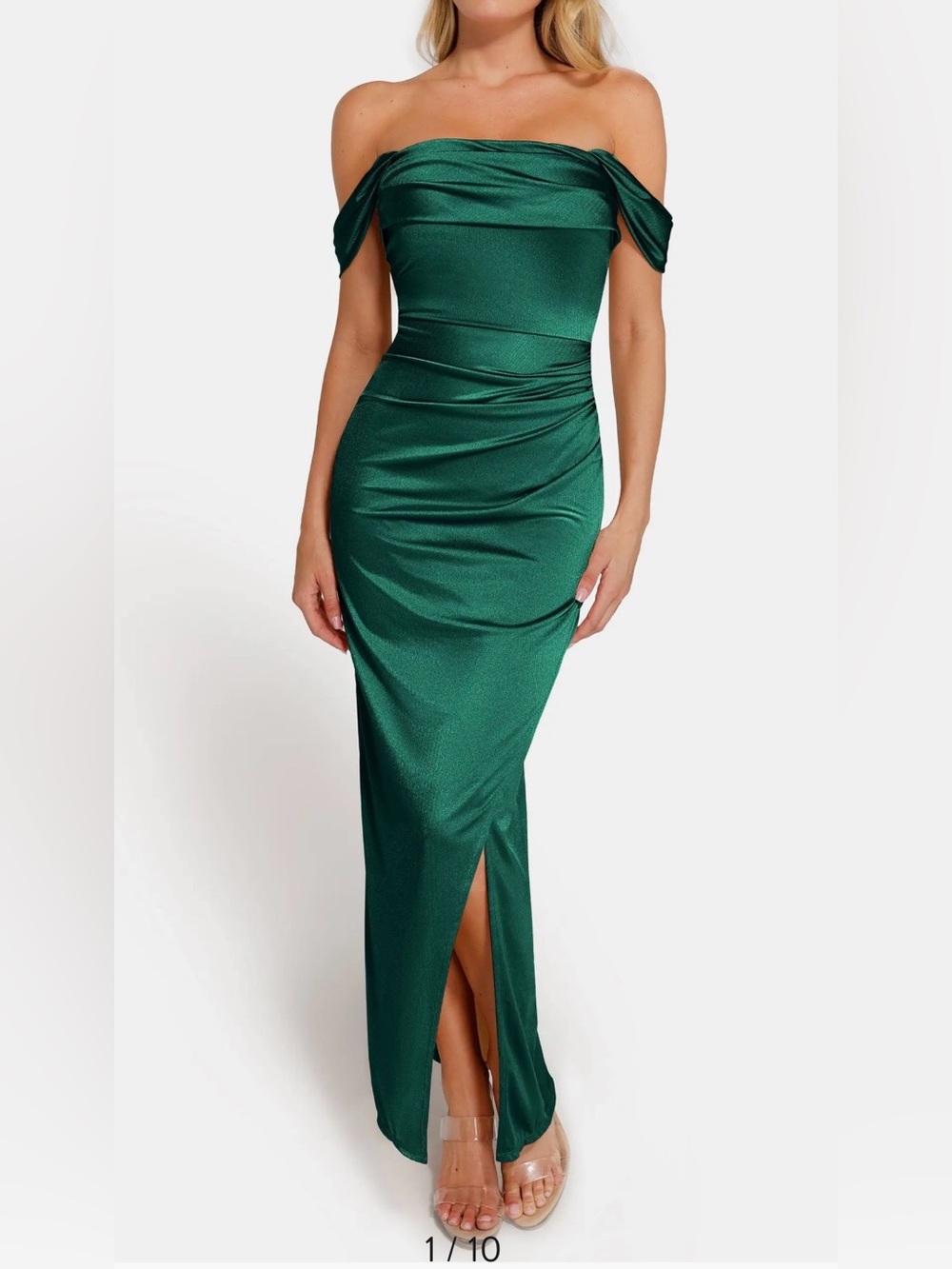 NEW Popilush Shapewear Off Shoulder Shine Ruched Sculpting Emerald Green Dress L